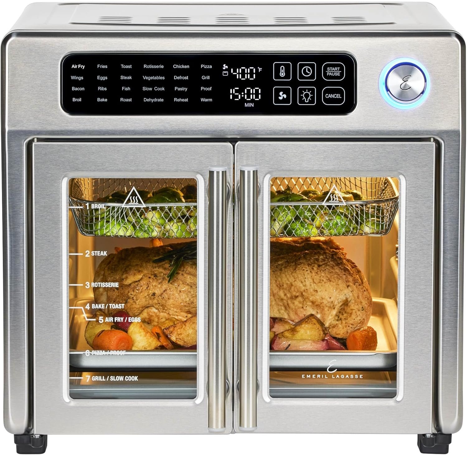 Emeril Lagasse Extra Large French Door Air Fryer Toaster Oven Combo with both doors open showing 26QT interior capacity